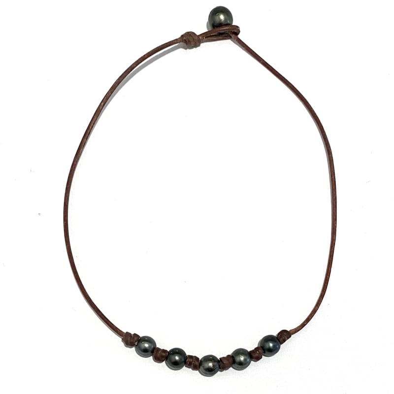 photo of Wendy Mignot Breezy Five Pearl Tahitian Pearl and Leather Necklace with knots