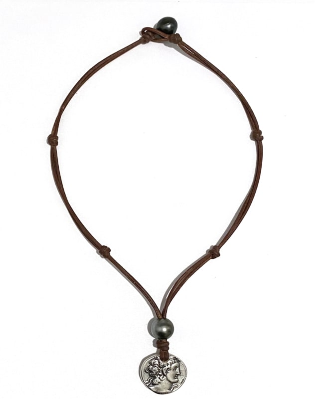 photo of Wendy Mignot Ancient Egyptian Ashkelon Silver Coin Replica with Tahitian Pearls and Leather Necklace