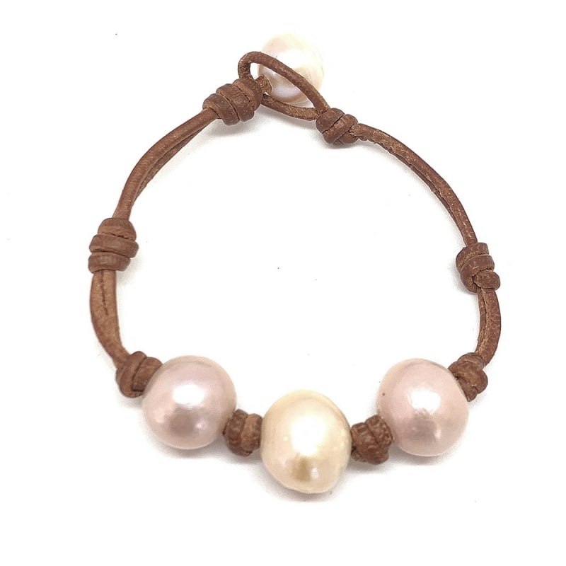 photo of Wendy Mignot Daisy Three Pearl Freshwater Pearl and Leather Bracelet with Knots Blush