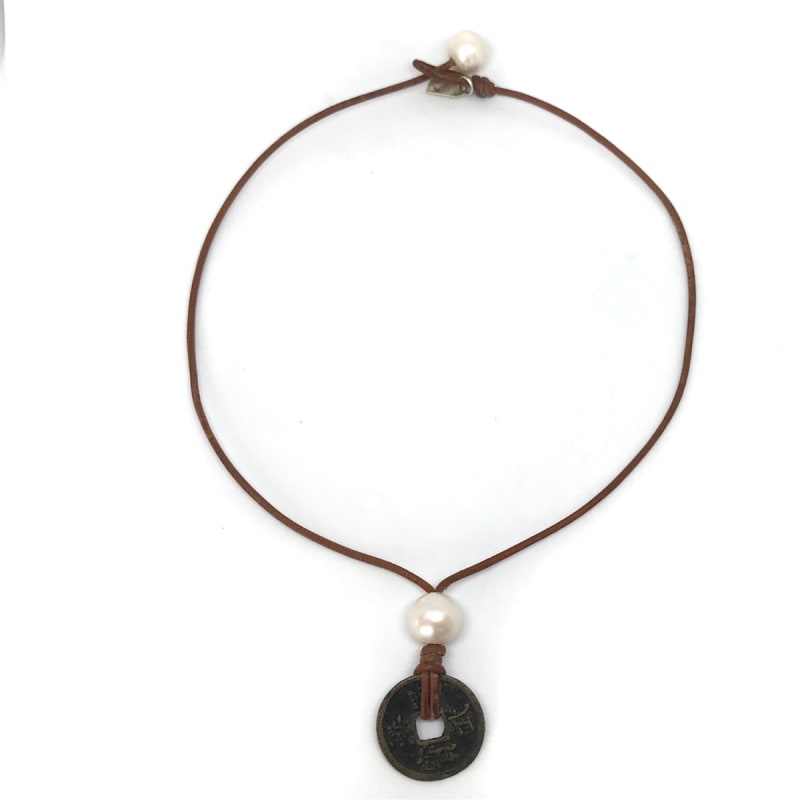photo of Wendy Mignot Ming Dynasty Bronze Coin and Freshwater Pearl and Leather Necklace