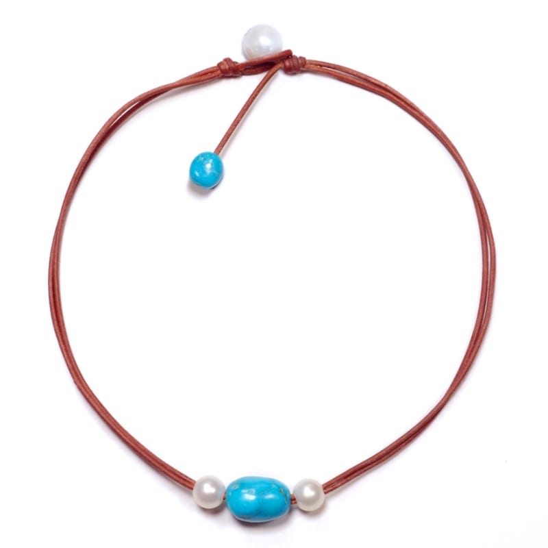 photo of Wendy Mignot Versatile Freshwater Pearl and Leather Necklace with Turquoise, Limited Edition