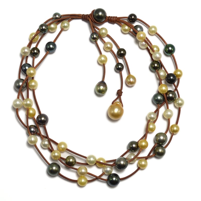 photo of Wendy Mignot Music Four Strand Tahitian Pearl and South Sea Pearl and Leather Mixed Necklace
