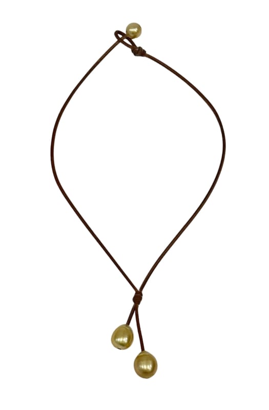 photo of Wendy Mignot Rain Two Drop South Sea Gold Pearl and Leather Necklace