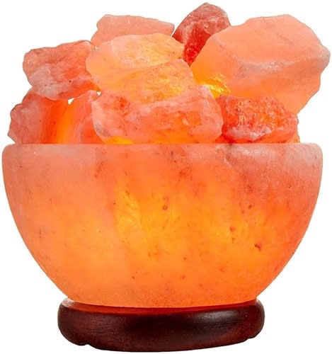 Himalayan Salt Lamp Bowl with Natural Crystal Chunks, Dimmer Cord and Wood Base