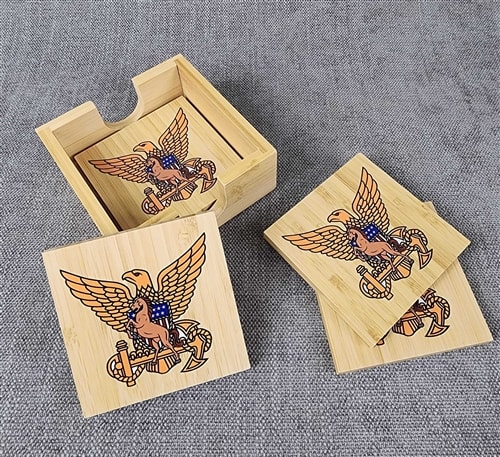 4" x 4" Bamboo Square Coaster, Set of 4 with Holder
