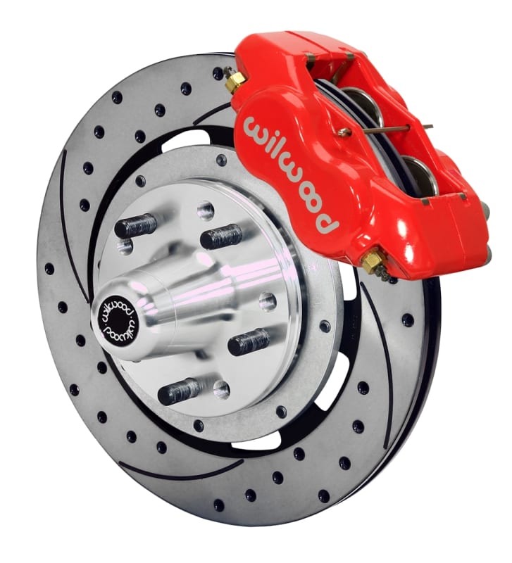 1955 1956 1957 Chevy Wilwood Front Brakes FDL for Drop Spindle - Drilled Rotors & Red Calipers (OS)