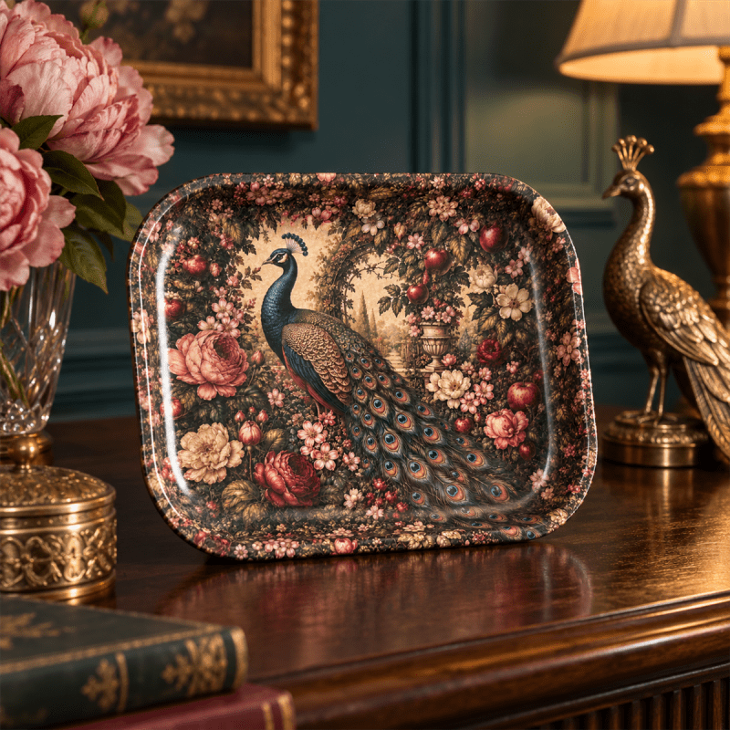 Peacock in the Rose Garden Metal Tray