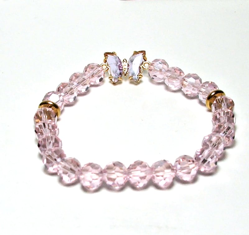 CB-06 STONE 8mm ROUND CRYSTAL BEAD BRACELET IN BUTTERFLY DESIGN-7 1/2"