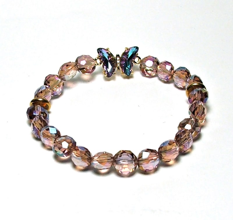 CB-07 STONE 8mm ROUND CRYSTAL BEAD BRACELET IN BUTTERFLY DESIGN-7 1/2"