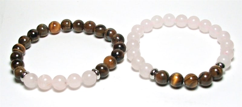 FB-01  STONE BEAD FRIENDHIP STRETCH BRACELET IN ROSR QUARTZ & TIGER EYE