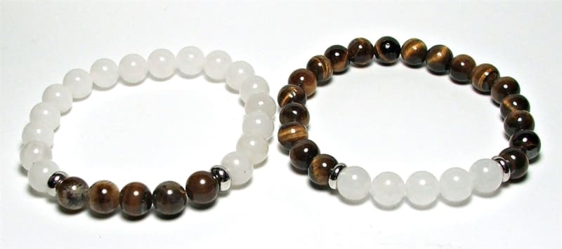 FB-02  STONE BEAD FRIENDHIP STRETCH BRACELET IN WHITE JADE & TIGER EYE (7 1/2")