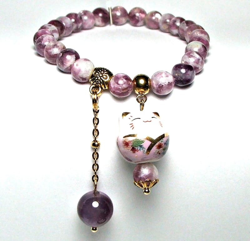 SB-03 STONE 8mm ROUND BEAD BRACELET IN PUPLE CAT DESIGN-7 1/2"
