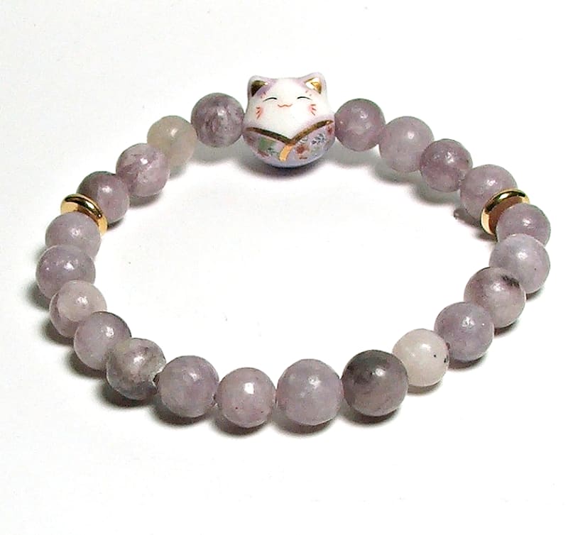 SB-102-STONE 8mm ROUND BEAD BRACELET IN PURPLE CAT DESIGN-7 1/2"
