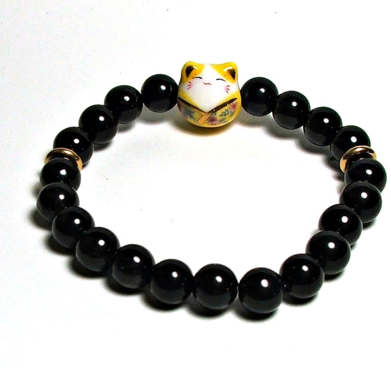 SB-103-STONE 8mm ROUND BEAD BRACELET IN YELLOW CAT DESIGN-7 1/2"