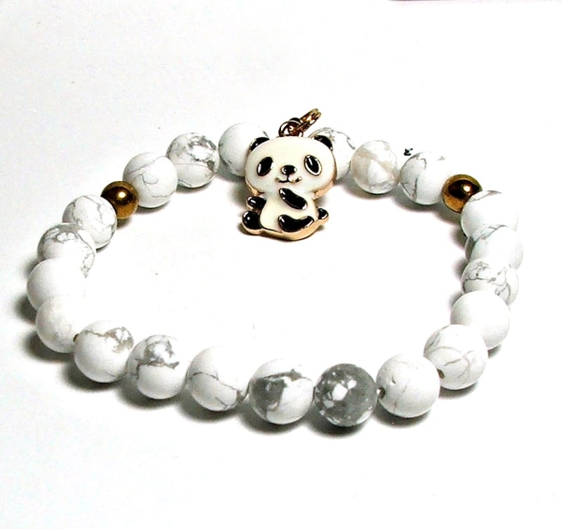 SB-108-STONE 8mm ROUND BEAD BRACELET IN PANDA DESIGN-7 1/2"