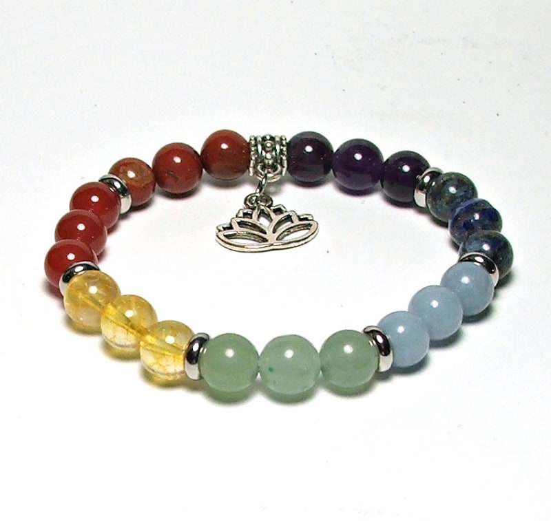 SB-117-STONE 8mm ROUND BEAD BRACELET IN 7  SHAKRA WITH LOTUS DESIGN-7 1/2"