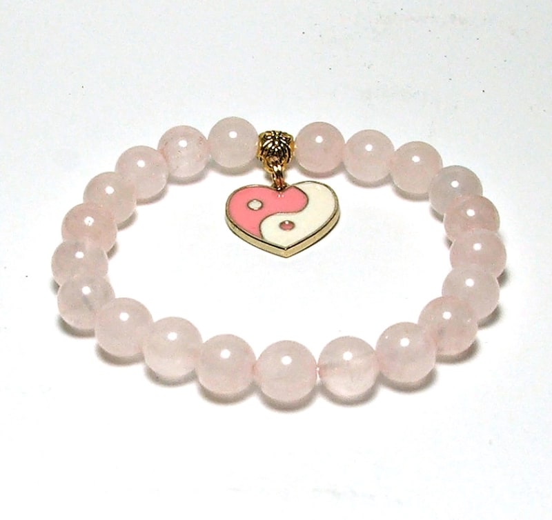 SB-123-STONE 8mm ROUND BEAD BRACELET IN PINK YIN YANG DESIGN-7 1/2"