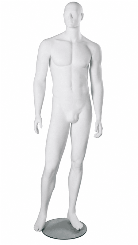 Matte white abstract male mannequin with sculpted features and round chrome base from Zing Display Matte white abstract male mannequin with sculpted features and round chrome base from Zing Display