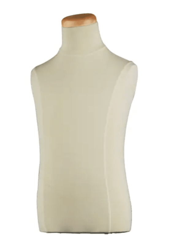 Crème jersey covered child torso shirt form with neckblock for 8–10 year old clothing display mannequin Crème jersey covered child torso shirt form with neckblock for 8–10 year old clothing display mannequin
