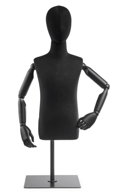 Child display dress form with bronze canvas torso on metal countertop base adjustable retail mannequin for boutiques and designers