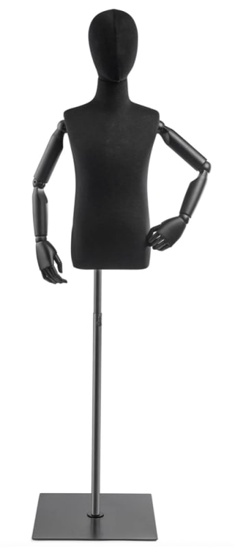 Child display dress form with bronze canvas torso on metal flat base adjustable retail mannequin for boutiques and designers