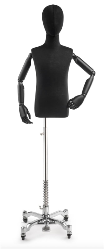 Child display dress form with bronze canvas torso on metal rolling base adjustable retail mannequin for boutiques and designers
