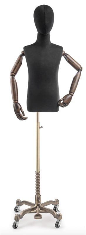 Child display dress form with bronze canvas torso on metal rolling base adjustable retail mannequin for boutiques and designers