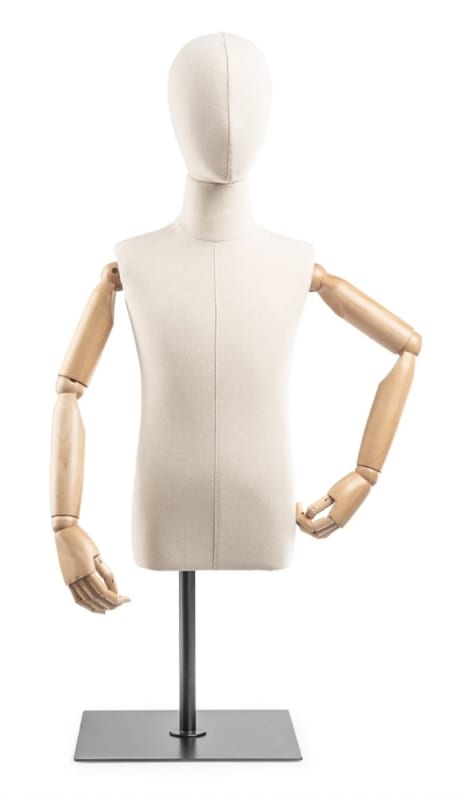 Child display dress form with bronze canvas torso on metal countertop base adjustable retail mannequin for boutiques and designers