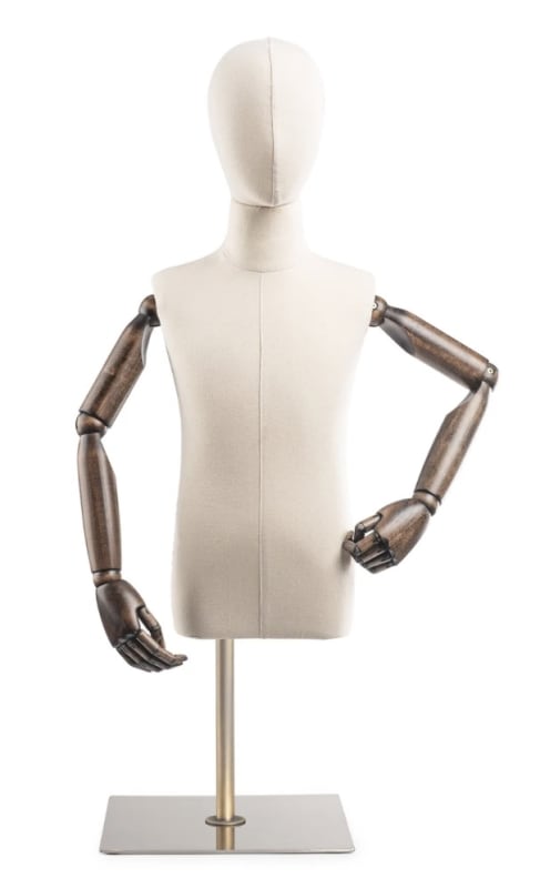 Child display dress form with bronze canvas torso on metal countertop base adjustable retail mannequin for boutiques and designers
