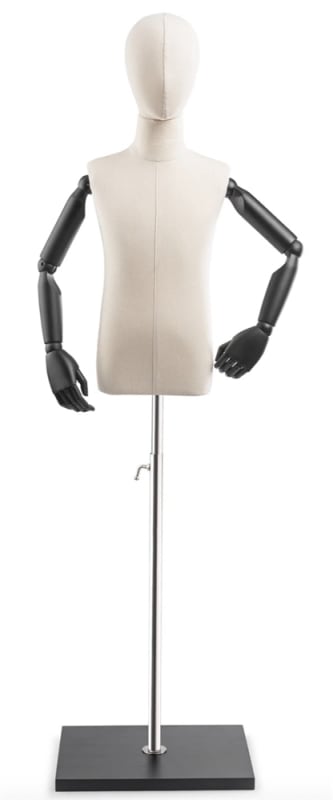 Child display dress form with natural canvas torso on wooden flat base adjustable retail mannequin for boutiques and designers
