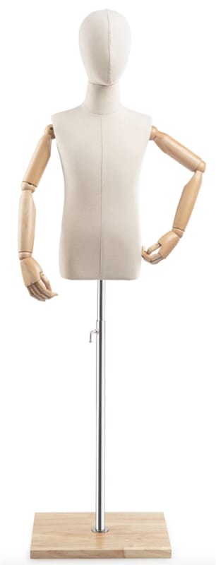 Child display dress form with natural canvas torso on wooden flat base adjustable retail mannequin for boutiques and designers