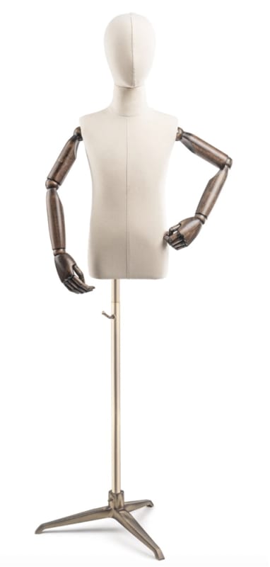 Child display dress form with bronze canvas torso on metal tripod base adjustable retail mannequin for boutiques and designers