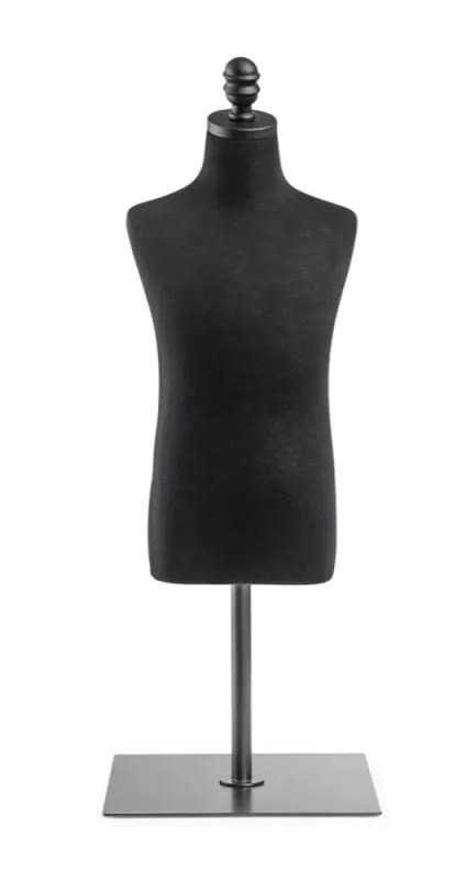 Black child dress form with canvas covering and countertop base for retail apparel display