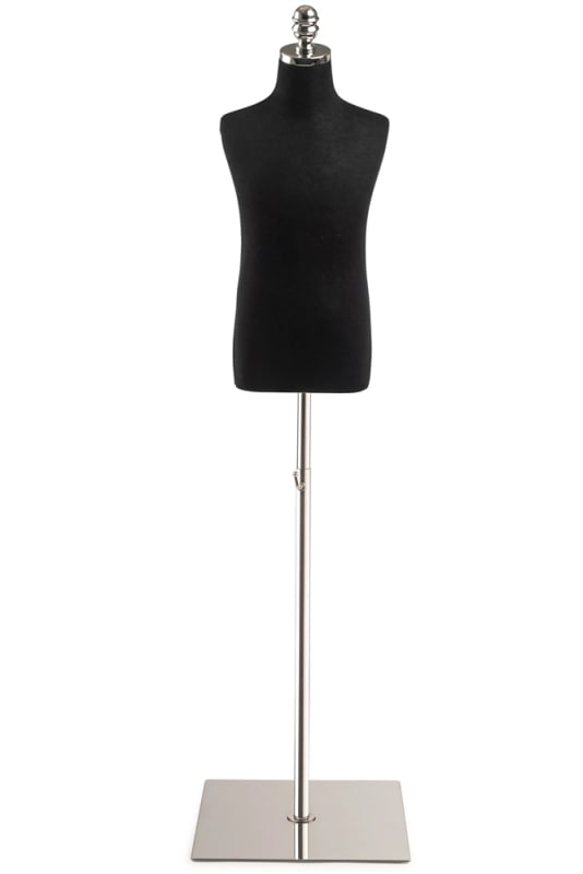 Child display dress form with natural canvas torso on flat metal base adjustable retail mannequin for boutiques and designers