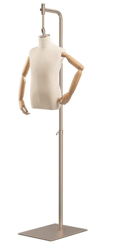 Child display dress form with natural canvas torso on metal hanging base - adjustable retail mannequin for boutiques and designers