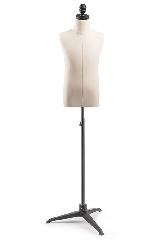 Child display dress form with natural canvas torso on metal tripod base - adjustable retail mannequin for boutiques and designers
