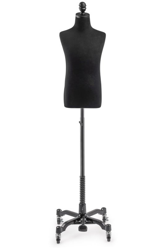 Child display dress form with natural canvas torso on metal rolling base adjustable retail mannequin for boutiques and designers