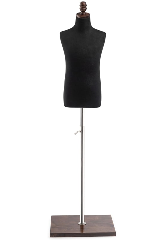Child display dress form with natural canvas torso on wooden flat base adjustable retail mannequin for boutiques and designers