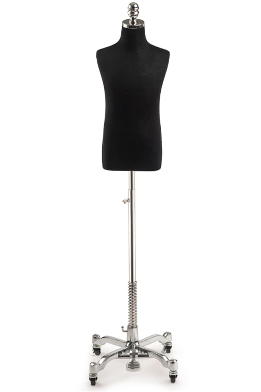 Child display dress form with natural canvas torso on metal rolling base adjustable retail mannequin for boutiques and designers