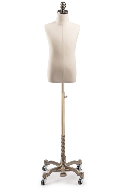 Child display dress form with natural canvas torso on metal rolling base - adjustable retail mannequin for boutiques and designers