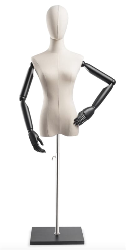 Female display dress form with natural canvas torso on wooden flat base adjustable retail mannequin for boutiques and designers