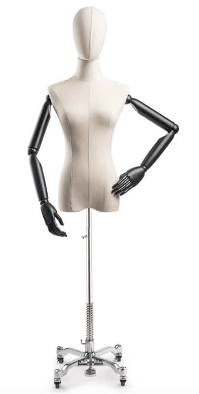 Female display dress form with bronze canvas torso on metal rolling base adjustable retail mannequin for boutiques and designers