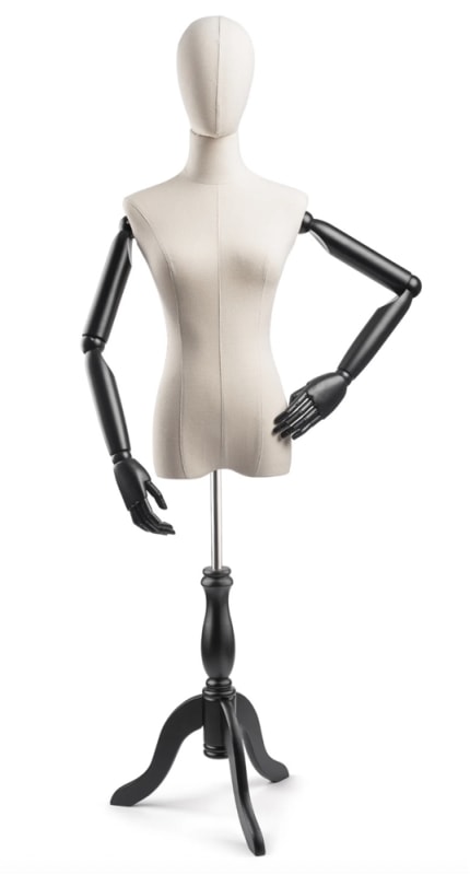 Female display dress form with natural canvas torso on wooden tripod base adjustable retail mannequin for boutiques and designers
