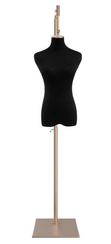 Female display dress form with natural canvas torso on metal hanging base adjustable retail mannequin for boutiques and designers