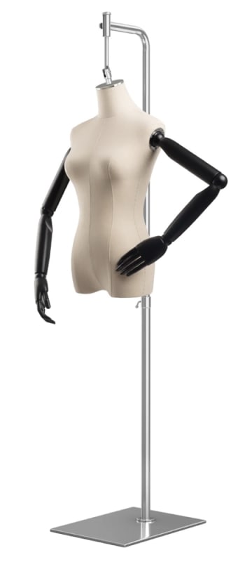 Female display dress form with natural canvas torso on metal hanging base - adjustable retail mannequin for boutiques and designers