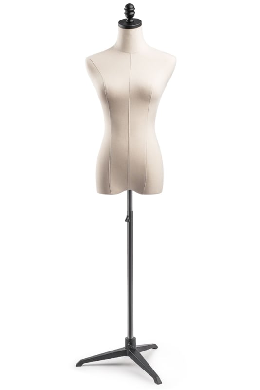 Female display dress form with natural canvas torso on metal tripod base - adjustable retail mannequin for boutiques and designers