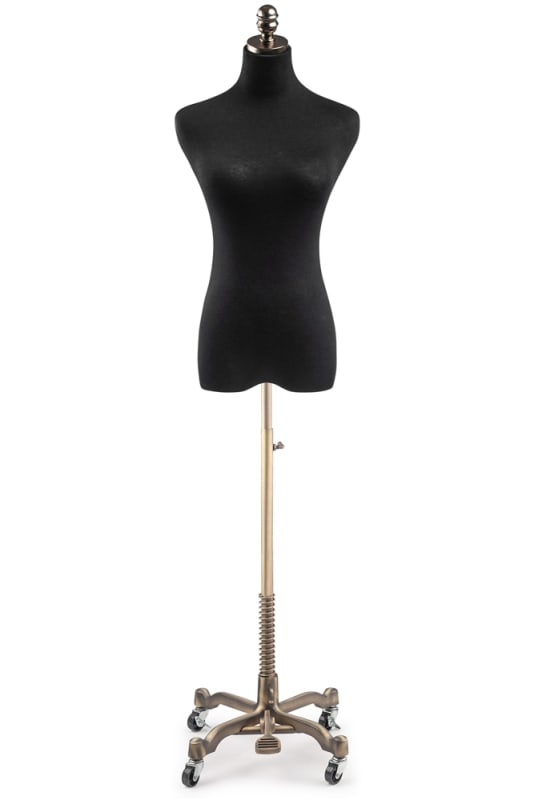 Female display dress form with natural canvas torso on metal rolling base adjustable retail mannequin for boutiques and designers