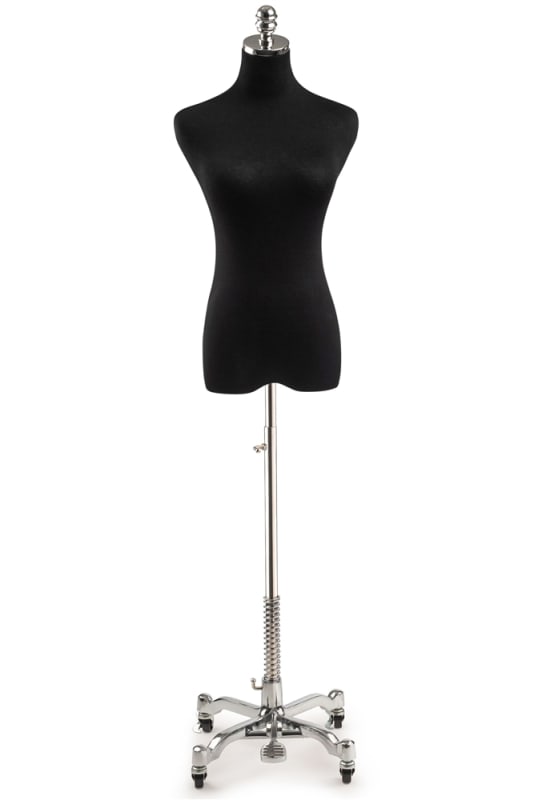 Female display dress form with natural canvas torso on metal rolling base adjustable retail mannequin for boutiques and designers