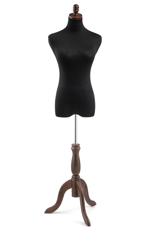 Female display dress form with natural canvas torso on wooden tripod base adjustable retail mannequin for boutiques and designers