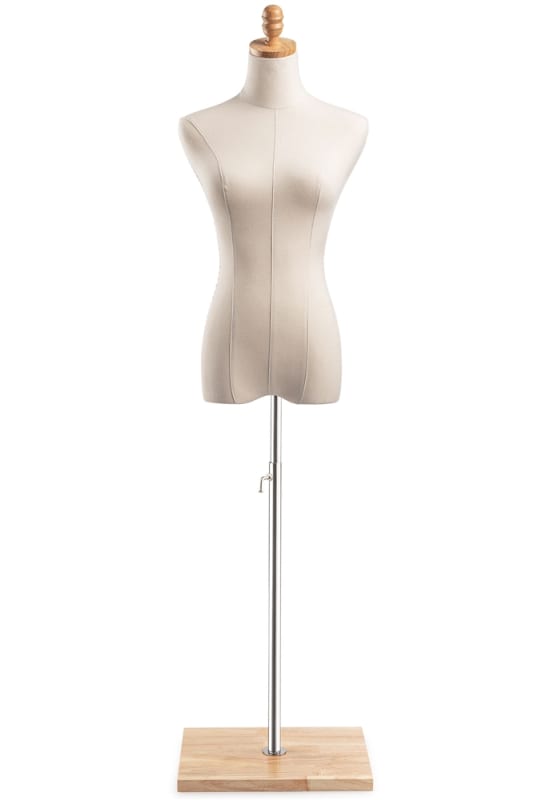 Female display dress form with natural canvas torso on wooden flat base  adjustable retail mannequin for boutiques and designers